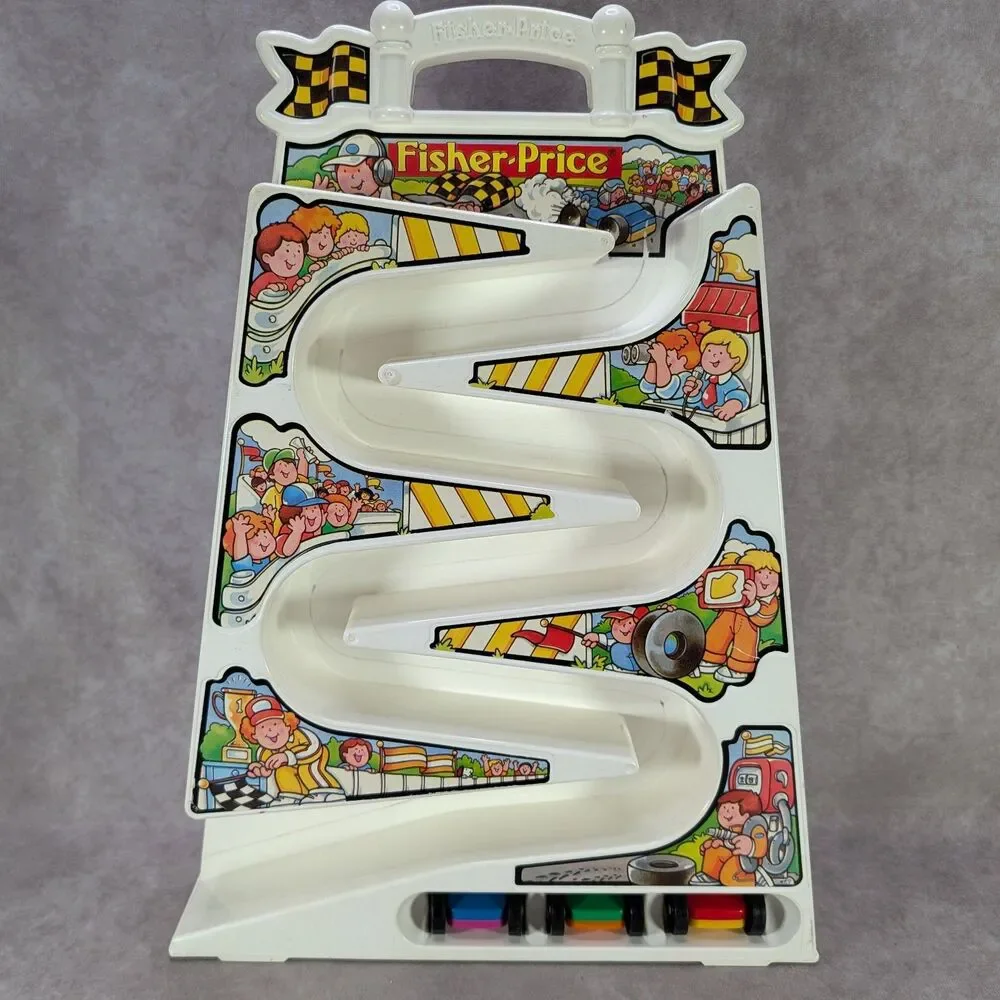 Vintage 1991 Fisher Price Tumbling Racers Vertical Racetrack Tower 2053 w/3 Cars